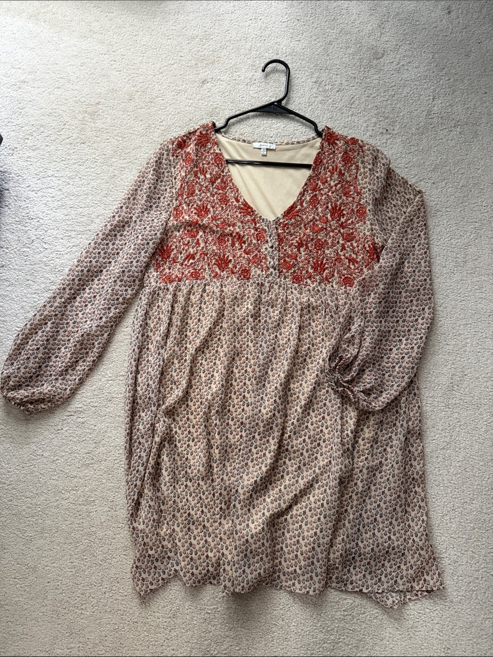 JODIFL Beige Midi Dress with Rust Floral Embroidery